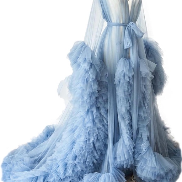 Blue Ruffled Rhinestone Fitted Gown